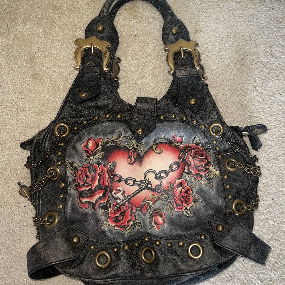 Isabella Fiore Women's Heart/Key & Roses Heavy Leather Shoulder Bag Purse